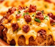 Gros plan sur une patate au fromage fondu et au bacon