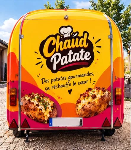 L'arrière du camion avec le logo et ses deux patates