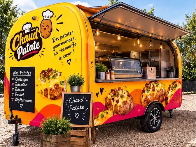 Le camion Chaud Patates ouvert, comptoir éclairé, avec son ardoise « Nos Patates »