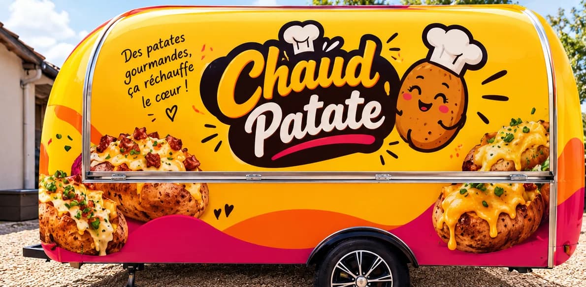 Le camion Chaud Patates, jaune, orange et rose, garé en plein soleil